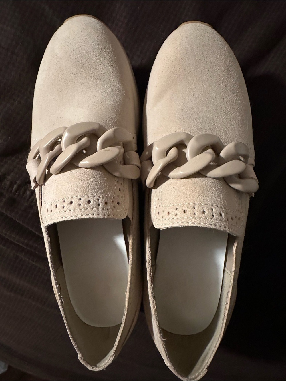 Beige Suede Loafers with Chunky Chain Accent